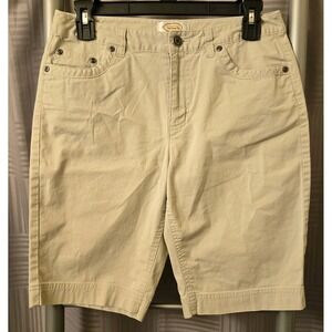 Women's Talbots Petites Stretch Relaxed Chino Shorts Khaki Pockets Size 4P 26x9